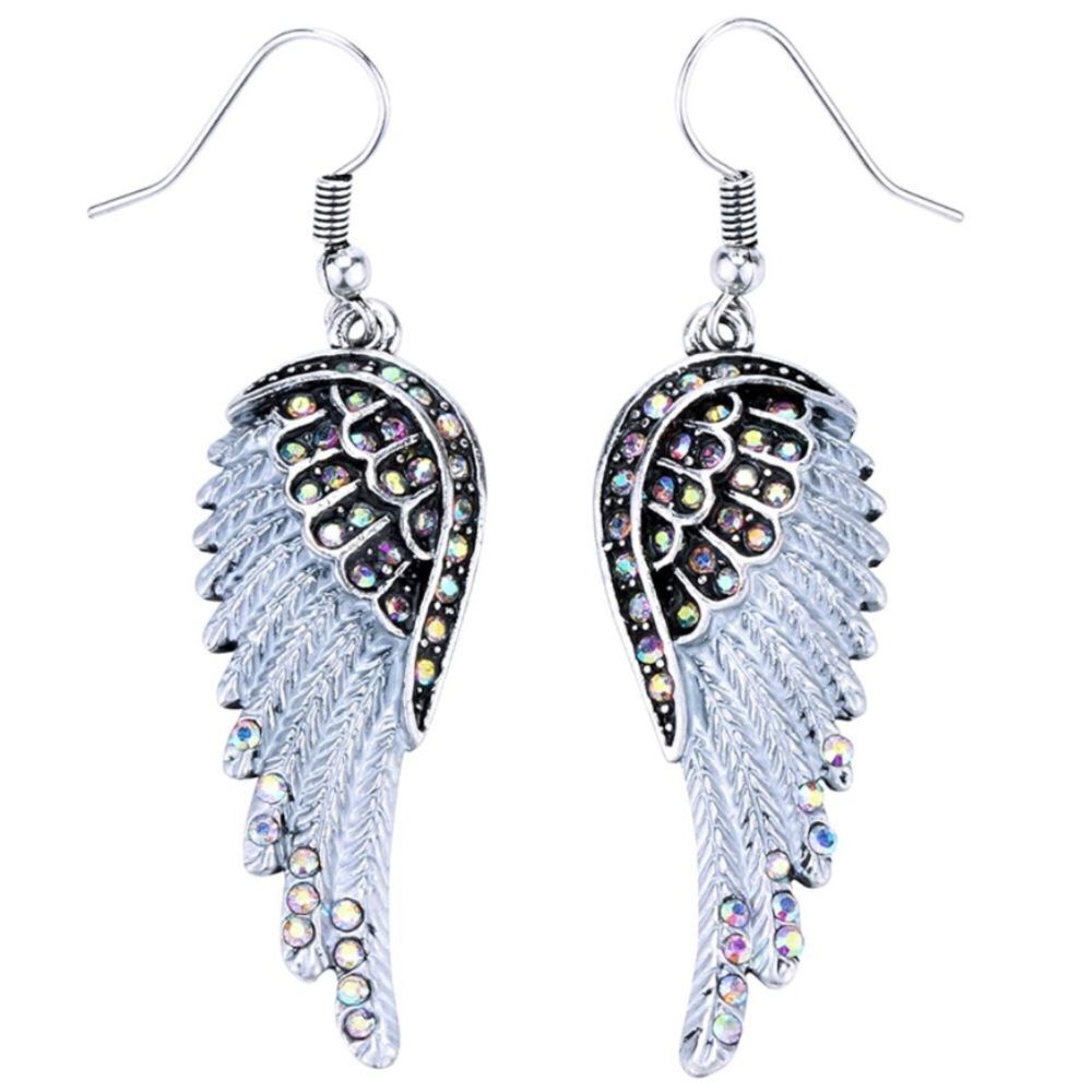 Silver with AB Aurora Borealis Crystal Angel Wing Dangle Hook Drop Earrings